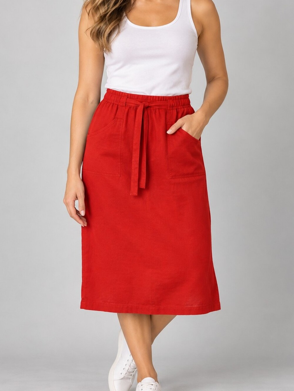 𝅺VTG 1970s ULTRA SUEDE Tomato Red Union Made Front Tie Longline Midi Skirt